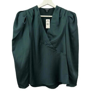 Express Dark Hunter Green Silky Textured Puff Sleeve Blouse Top Faux Wrap XS